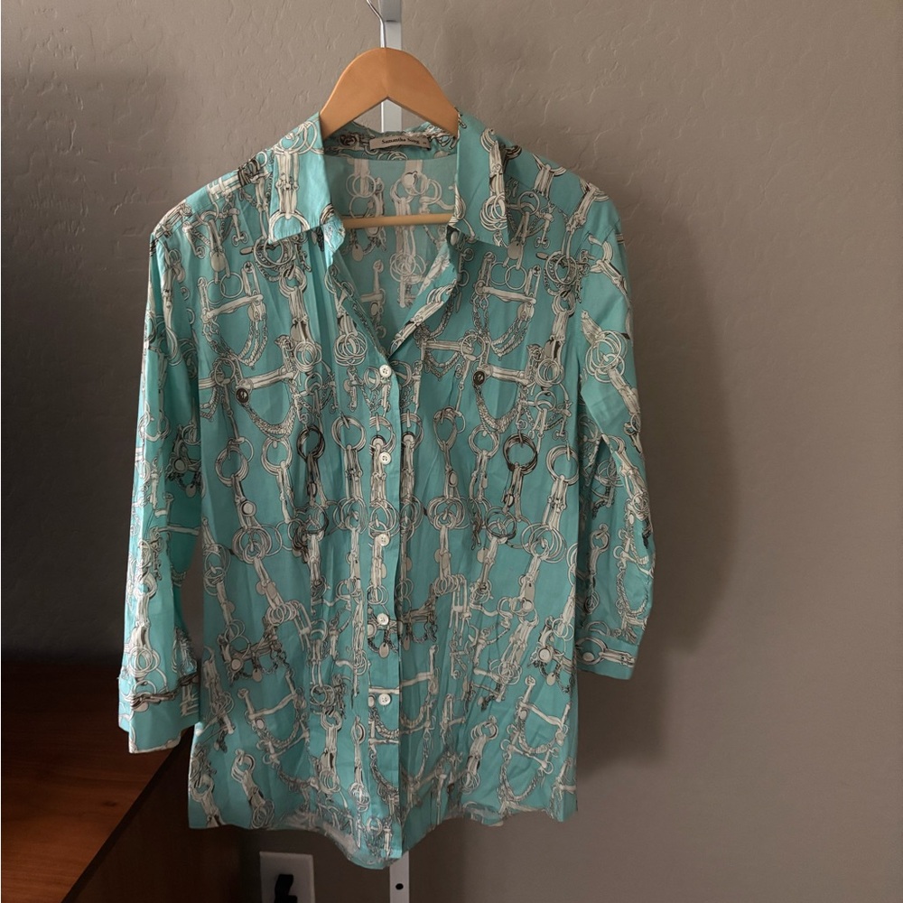 Samantha Sung Aqua hand painted Chain Print Blouse